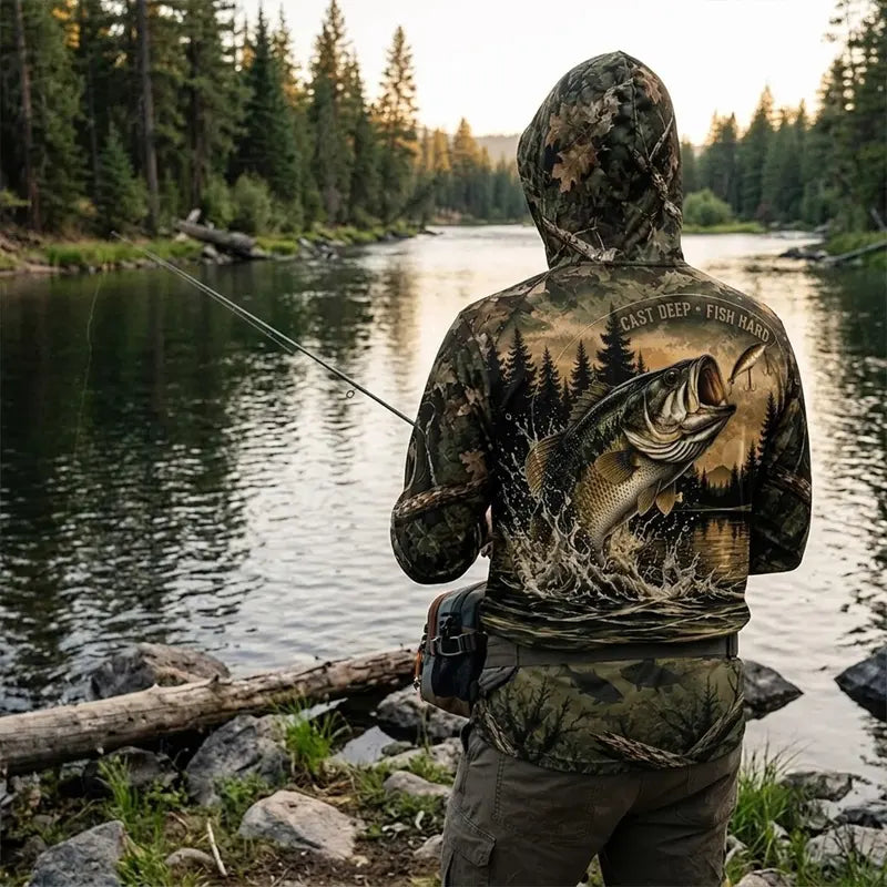 Fathom Thread Camouflage Personalized Fishing Hooded Long Sleeve Shirt