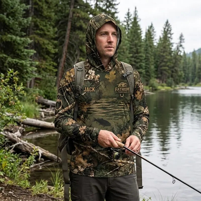 Fathom Thread Camouflage Personalized Fishing Hooded Long Sleeve Shirt
