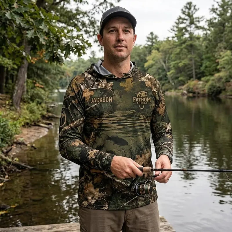 Fathom Thread Camouflage Personalized Fishing Hooded Long Sleeve Shirt