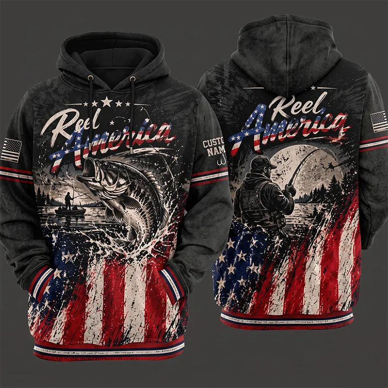 Reel America Bass Fishing Custom Name Patriotic Hoodie