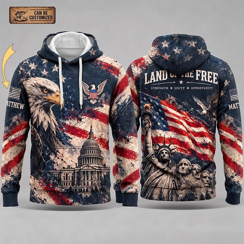 Personalized Land Of The Free Bald Eagle American Flag Hoodie