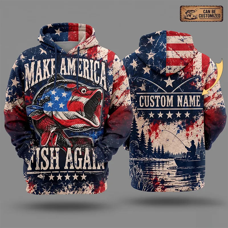 Personalized Make America Fish Again American Flag Fishing Hoodie