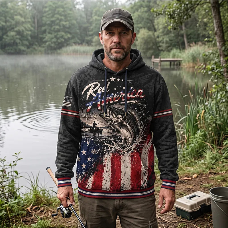Reel America Bass Fishing Custom Name Patriotic Hoodie