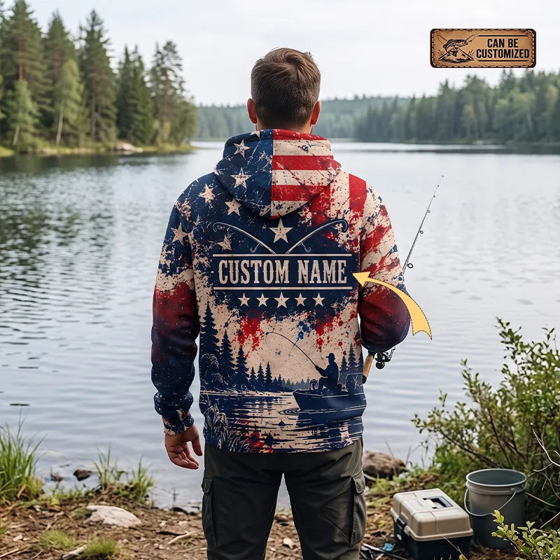 Personalized Make America Fish Again American Flag Fishing Hoodie