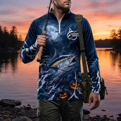 Hook Seek Reel Into The Night Halloween Zip Long Sleeve Shirt