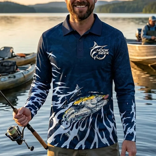 Hook Seek Tuna Strike Fishing Polo Long Sleeve Shirt