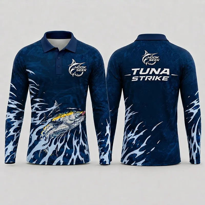 Hook Seek Tuna Strike Fishing Polo Long Sleeve Shirt