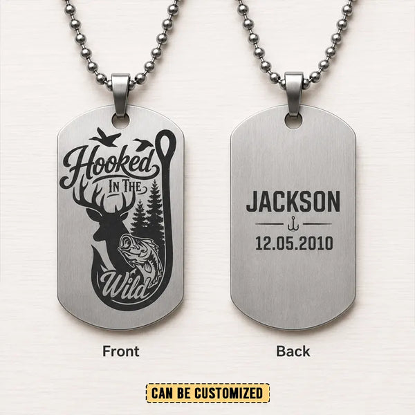 Hooked In The Wild Personalized Hunting Fishing Dog Tag Necklace