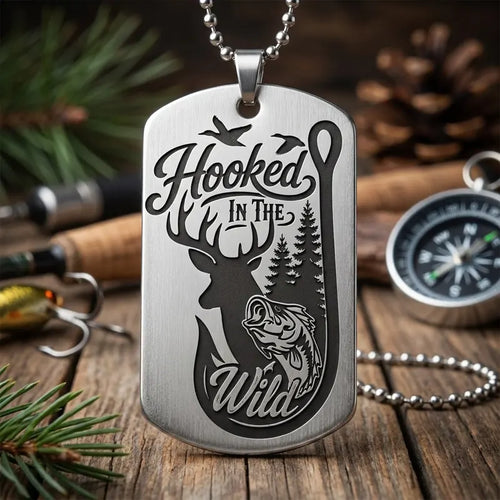 Hooked In The Wild Personalized Hunting Fishing Dog Tag Necklace