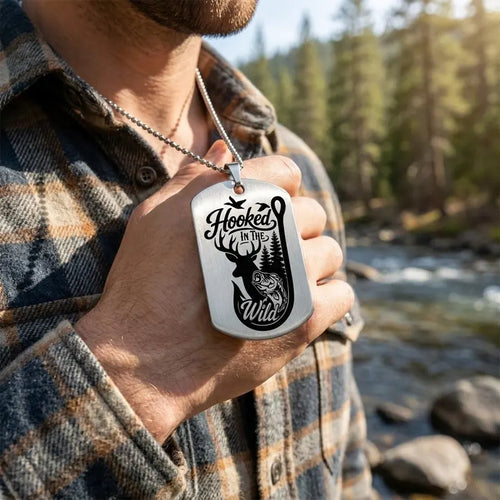 Hooked In The Wild Personalized Hunting Fishing Dog Tag Necklace