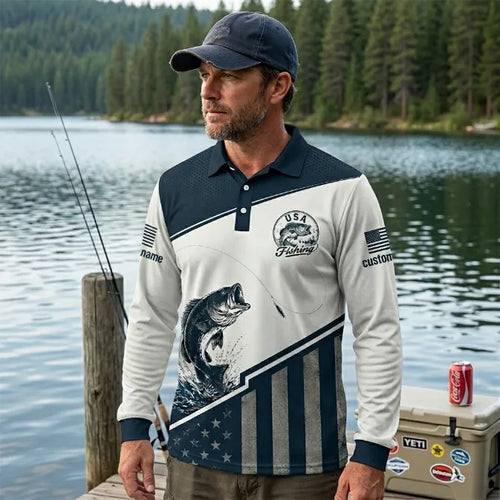 Hooked On You USA Fishing Polo Long Sleeve Shirt