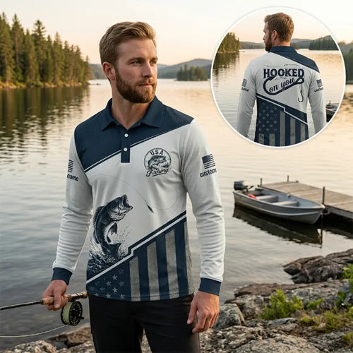 Hooked On You USA Fishing Polo Long Sleeve Shirt