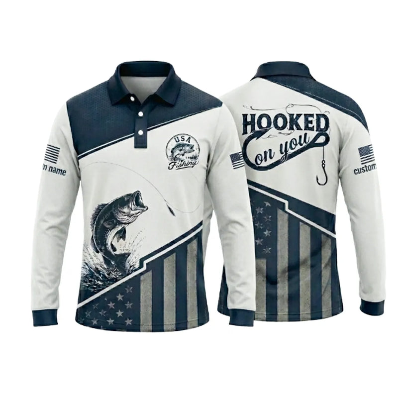 Hooked On You USA Fishing Polo Long Sleeve Shirt