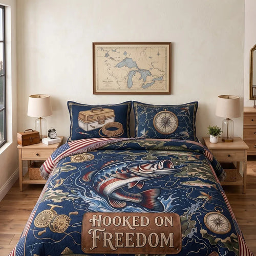 Hooked on Freedom Fishing Quilt Bedding Set