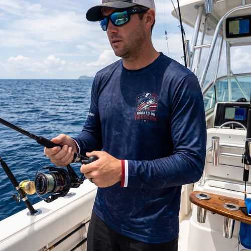 Hooked on Freedom Patriotic Fishing Long Sleeve Shirt