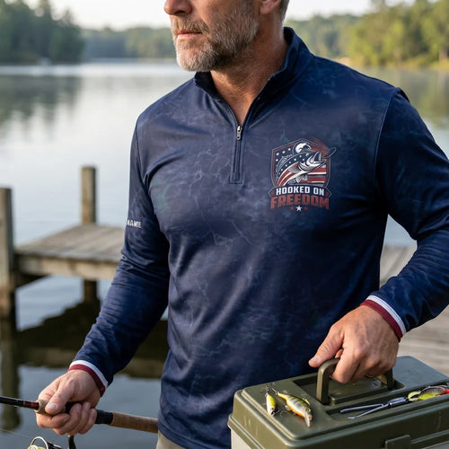 Hooked on Freedom Patriotic Fishing Polo Long Sleeve Shirt