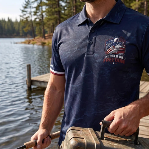 Hooked on Freedom Patriotic Fishing Polo Shirt