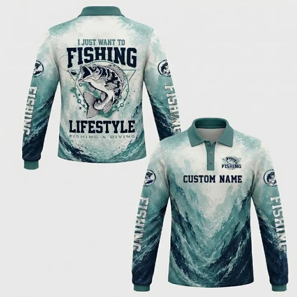 I Just Want To Fishing Lifestyle Polo Long Sleeve Shirt