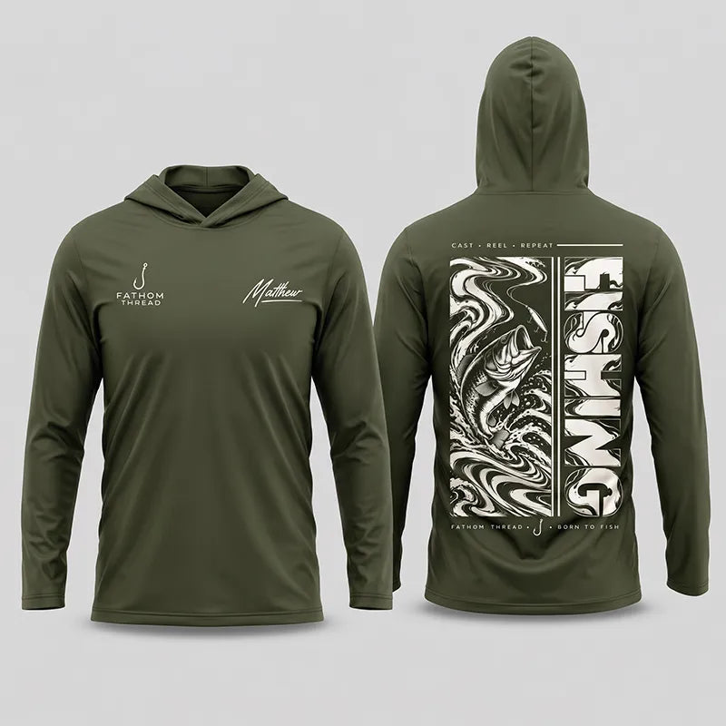 Personalized Fishing Cast Reel Repeat Hooded Long Sleeve Shirt