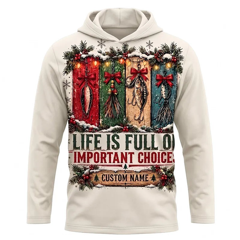 Funny Fishing Christmas Gift Boxes Personalized Name Hooded Long Sleeve Shirt