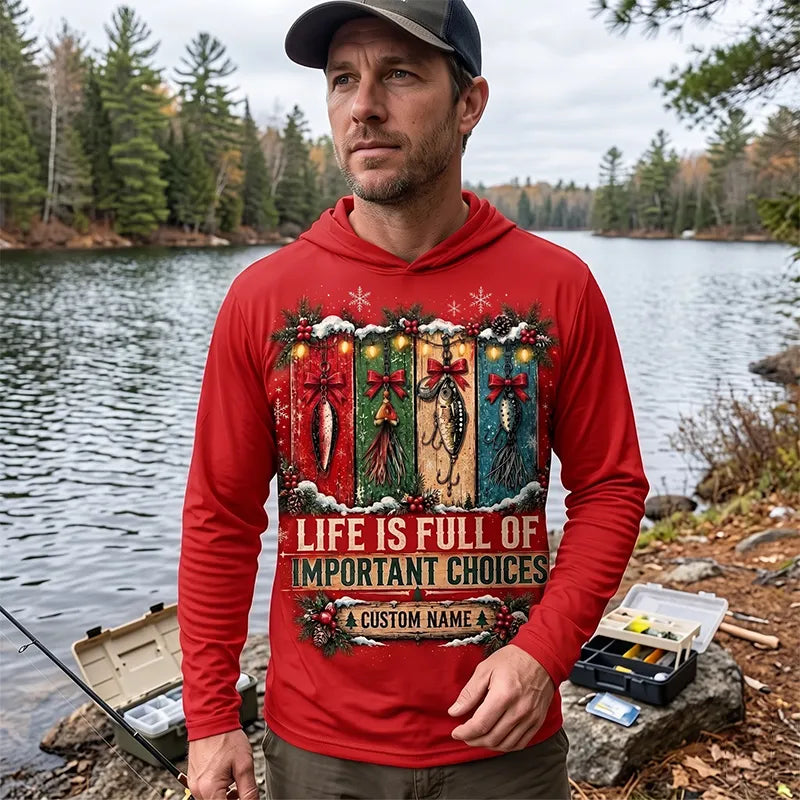 Funny Fishing Christmas Gift Boxes Personalized Name Hooded Long Sleeve Shirt