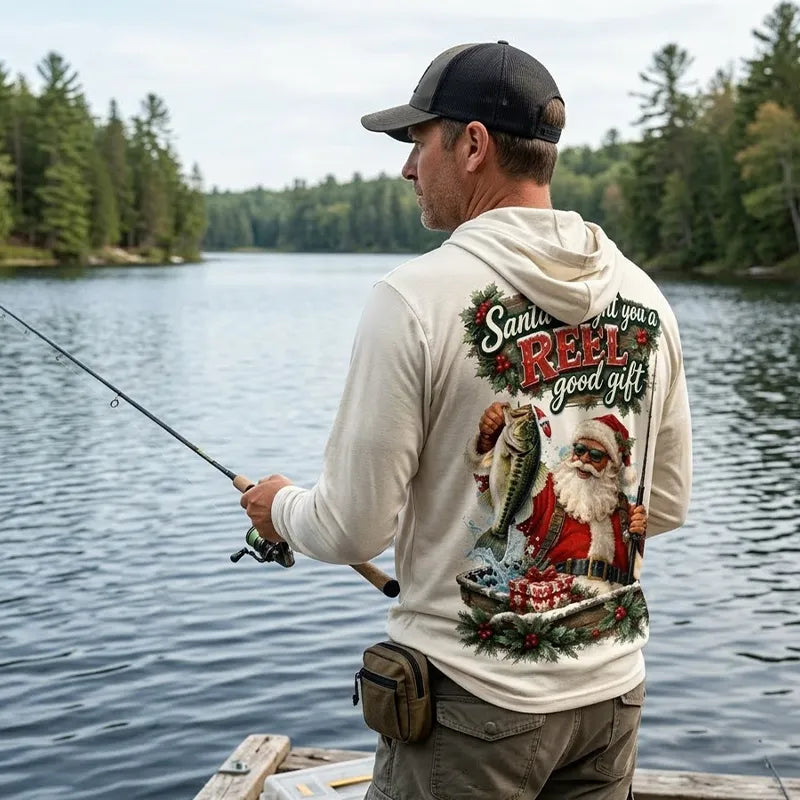 Santa REEL Good Gift Fishing Christmas Hooded Long Sleeve Shirt