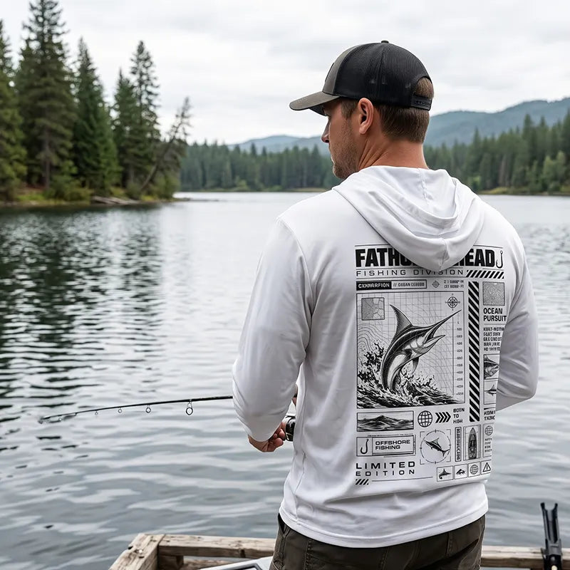 Swordfish Ocean Pursuit Fishing Technical Blueprint Hooded Long Sleeve Shirt