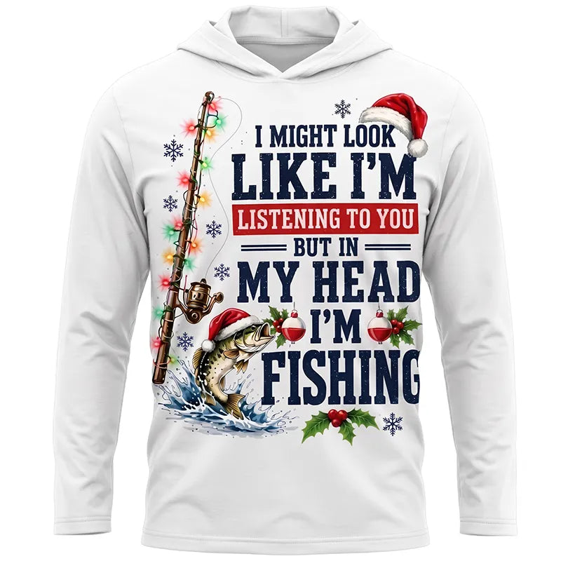 Funny Christmas Fishing Santa Fish Holiday Hooded Long Sleeve Shirt