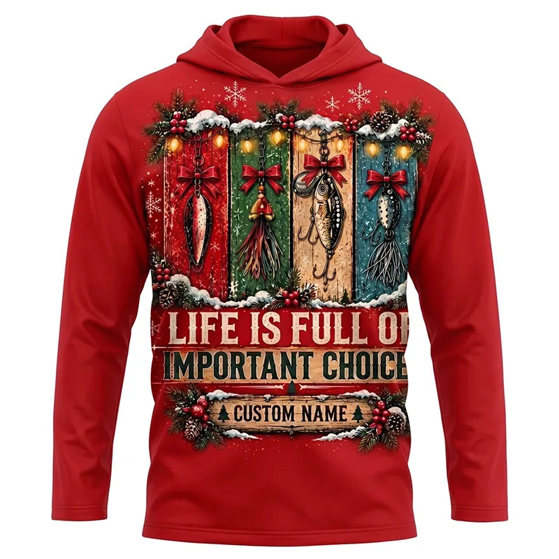 Funny Fishing Christmas Gift Boxes Personalized Name Hooded Long Sleeve Shirt