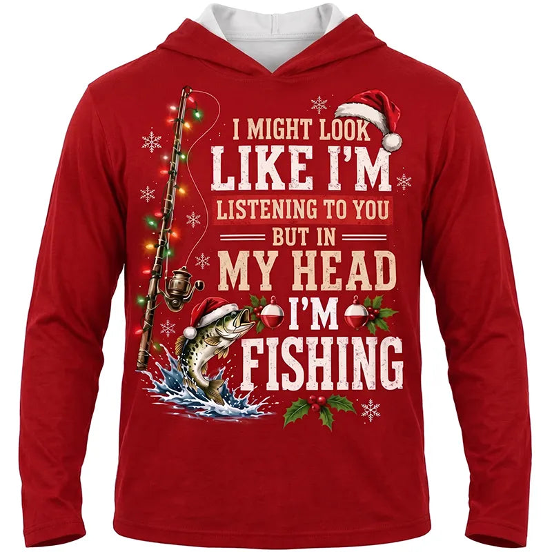 Funny Christmas Fishing Santa Fish Holiday Hooded Long Sleeve Shirt