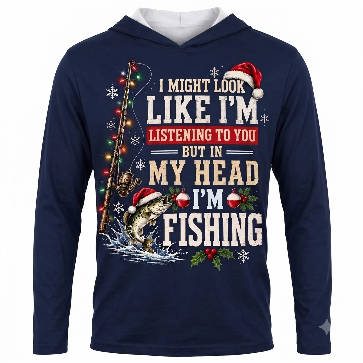 Funny Christmas Fishing Santa Fish Holiday Hooded Long Sleeve Shirt