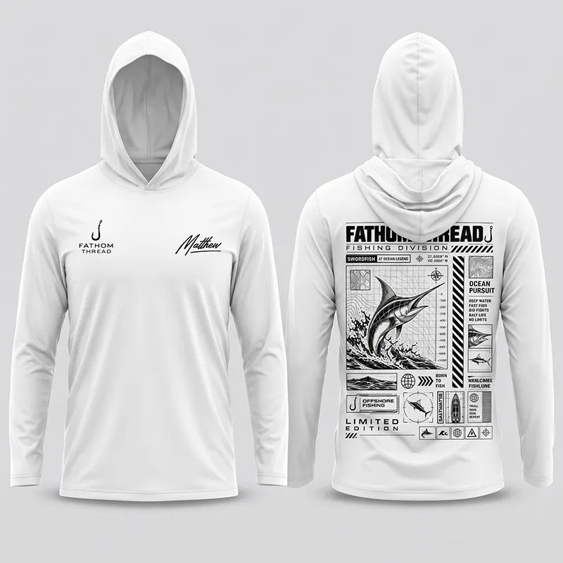 Swordfish Ocean Pursuit Fishing Technical Blueprint Hooded Long Sleeve Shirt