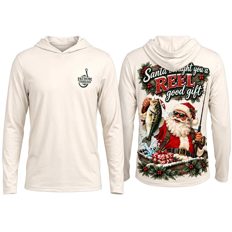 Santa REEL Good Gift Fishing Christmas Hooded Long Sleeve Shirt