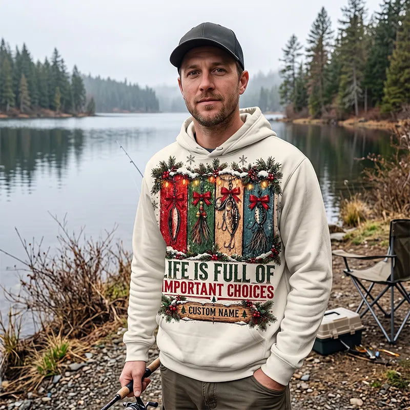 Funny Fishing Christmas Gift Boxes Personalized Name Hooded Long Sleeve Shirt