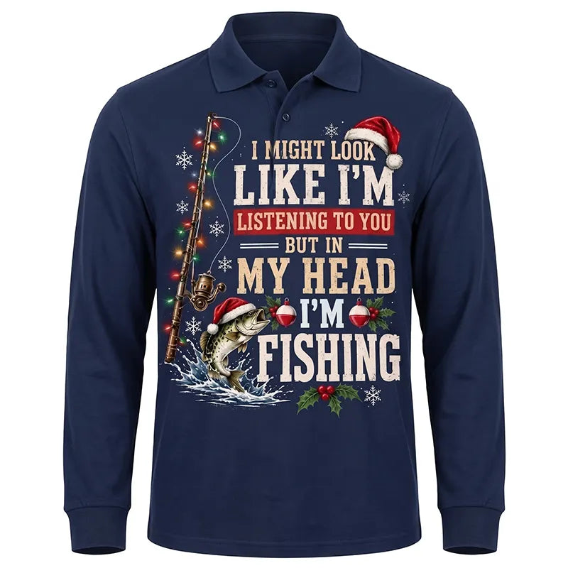 Funny Christmas Fishing Santa Fish Holiday Polo Long Sleeve Shirt