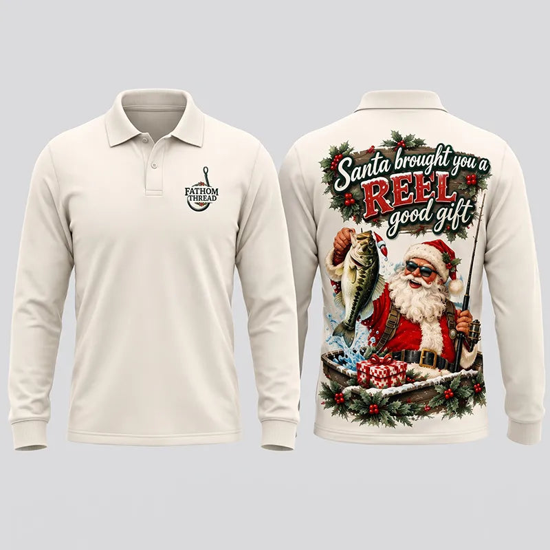 Santa REEL Good Gift Fishing Christmas Polo Long Sleeve Shirt