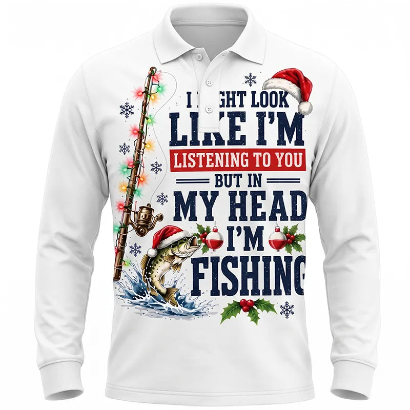 Funny Christmas Fishing Santa Fish Holiday Polo Long Sleeve Shirt