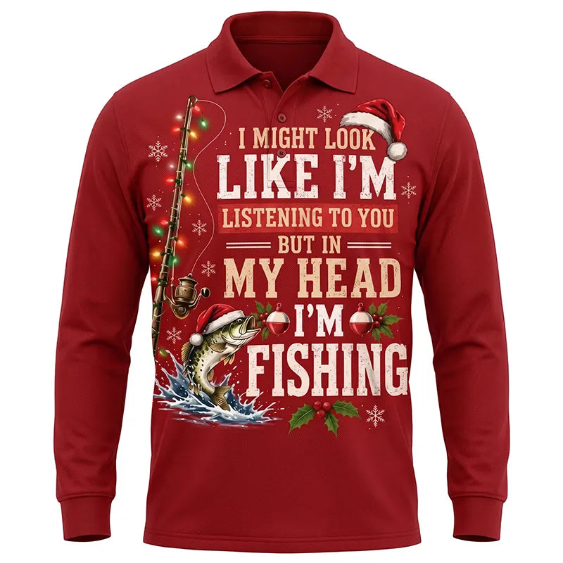 Funny Christmas Fishing Santa Fish Holiday Polo Long Sleeve Shirt