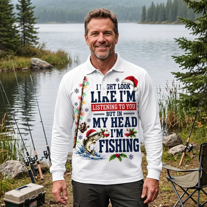 Funny Christmas Fishing Santa Fish Holiday Polo Long Sleeve Shirt