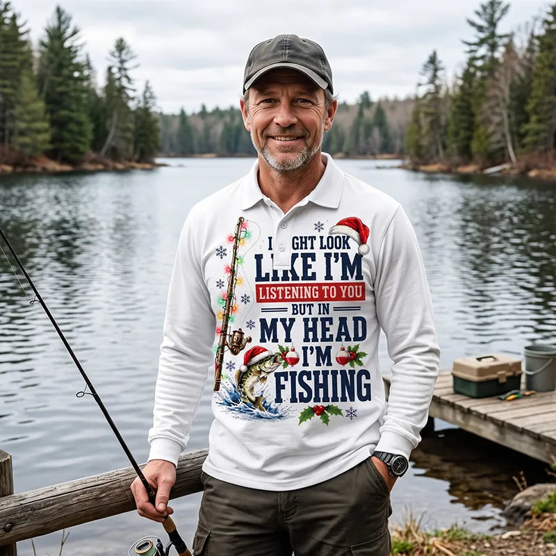 Funny Christmas Fishing Santa Fish Holiday Polo Long Sleeve Shirt