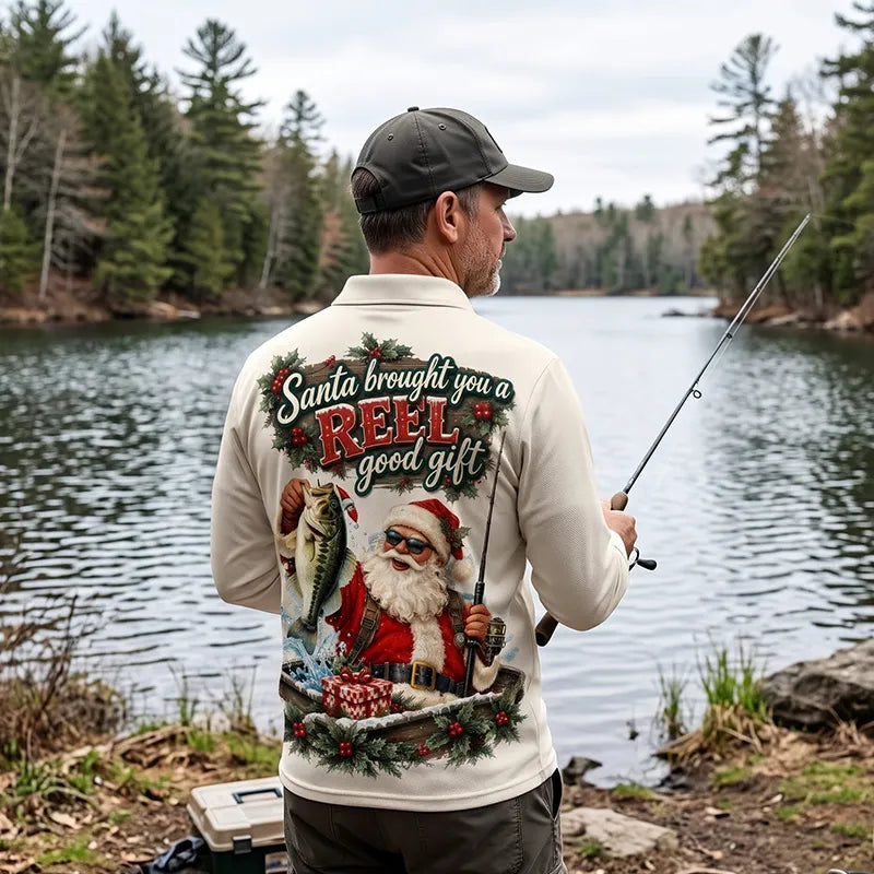Santa REEL Good Gift Fishing Christmas Polo Long Sleeve Shirt