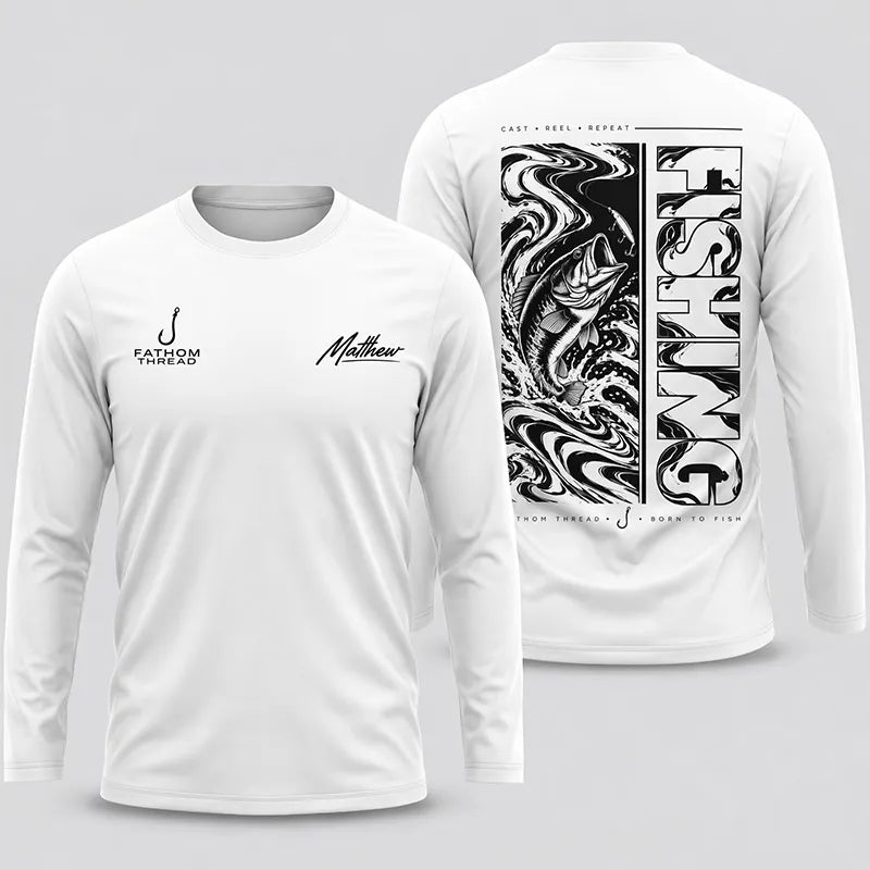 Personalized Fishing Cast Reel Repeat Black Long Sleeve Shirt
