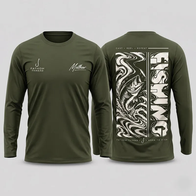Personalized Fishing Cast Reel Repeat Black Long Sleeve Shirt