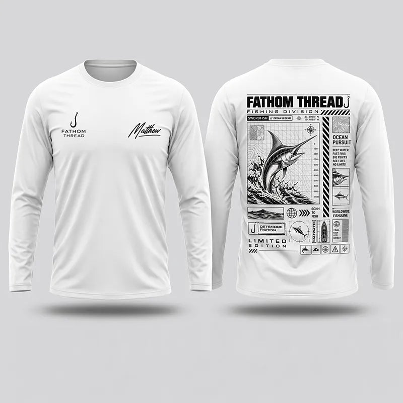 Swordfish Ocean Pursuit Fishing Technical Blueprint Long Sleeve Shirt