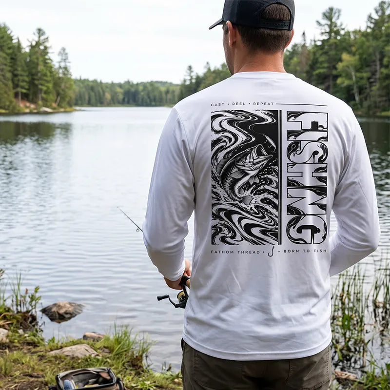 Personalized Fishing Cast Reel Repeat Black Long Sleeve Shirt