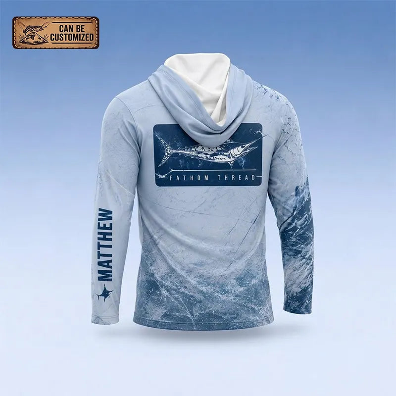 Personalized Fathom Thread Custom Marlin Strike Fishing Hooded Long Sleeve Shirt