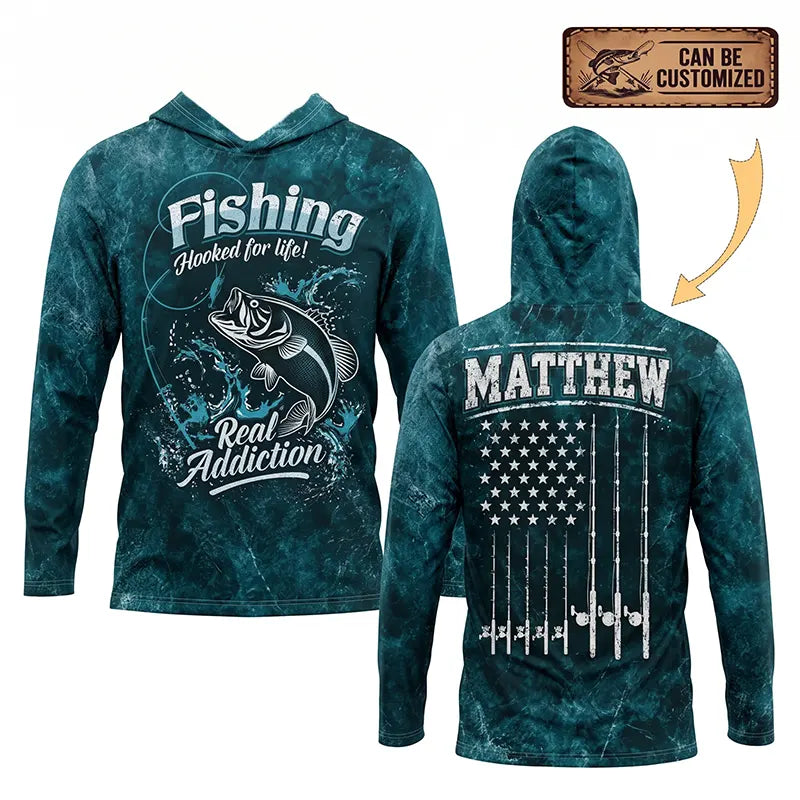 Personalized Hooked for Life Fishing Hooded Long Sleeve Shirt