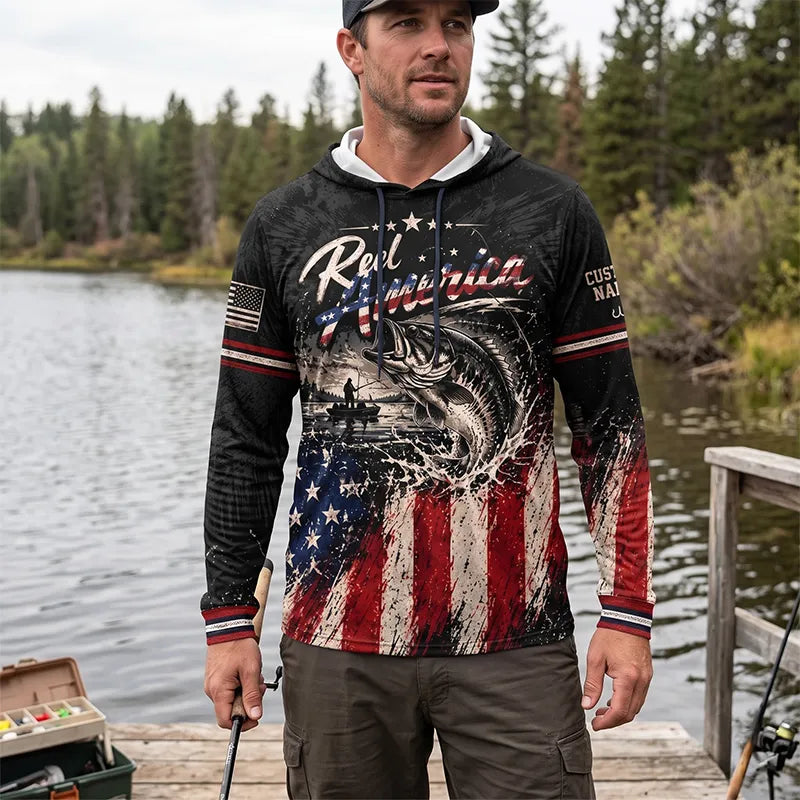 Reel America Bass Fishing Custom Name Patriotic Hooded Long Sleeve Shirt