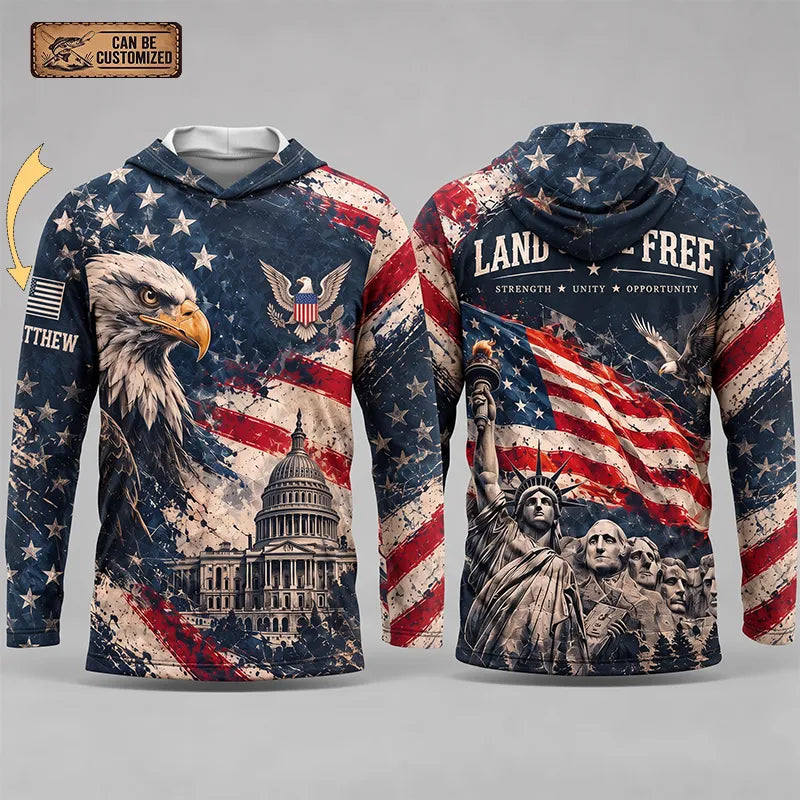 Personalized Land Of The Free Bald Eagle American Flag Hooded Long Sleeve Shirt