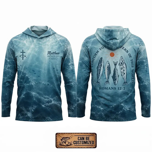 Personalized Romans 12:2 Christian Ocean Fishing Hooded Long Sleeve Shirt